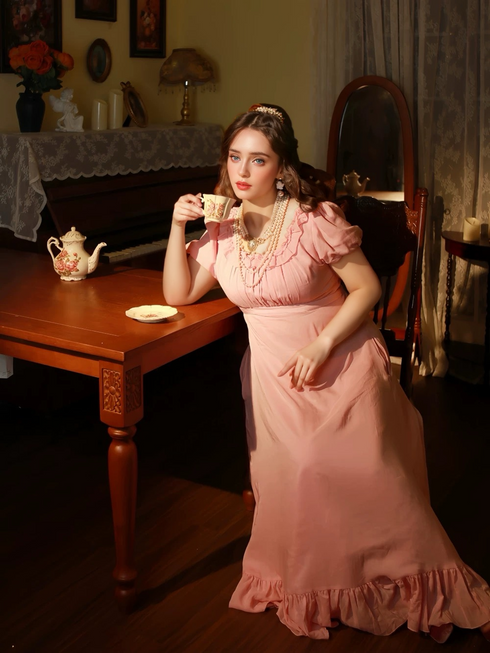 Pink Regency Era Dress with Ruffled Neckline and Puff Sleeves – Bridgerton Inspired Dress Plus Size
